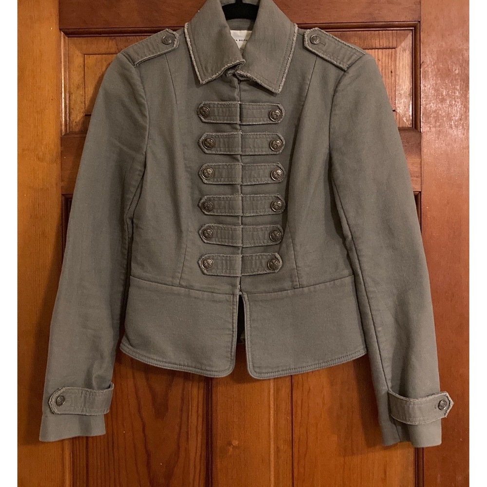 Banana Republic Military Jacket Womens 0 Green Peplum Brass Button Band Regency